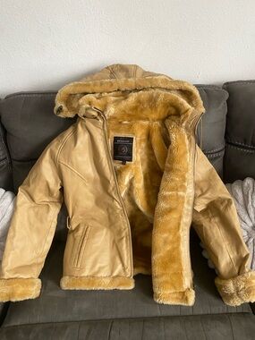 Women’s Faux Fur Trim Tan Leather Jacket